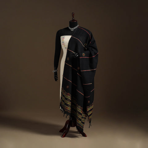 Black Hand Embroidery Khes Handwoven Cotton Kantha Dupatta