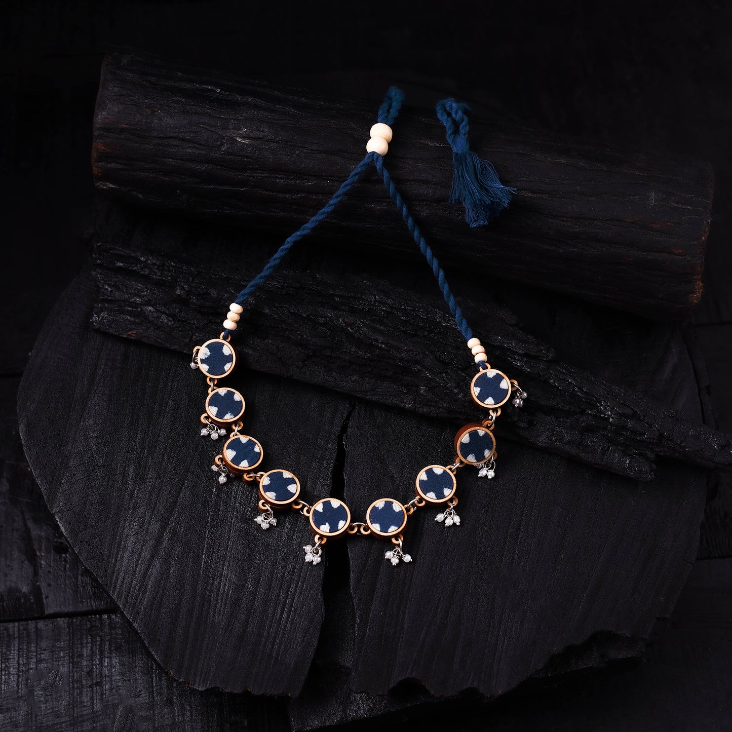 WHE Indigo Handmade Repurposed Fabric & Wood Choker Necklace 22