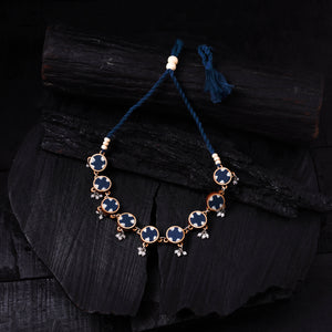 WHE Indigo Handmade Repurposed Fabric & Wood Choker Necklace 22
