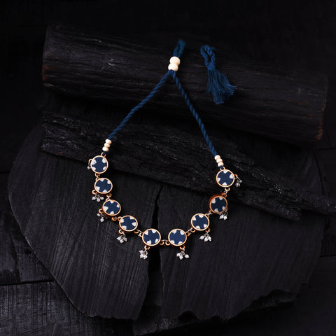 WHE Indigo Handmade Repurposed Fabric & Wood Choker Necklace 22