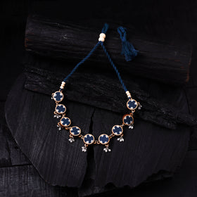 WHE Indigo Handmade Repurposed Fabric & Wood Choker Necklace 22