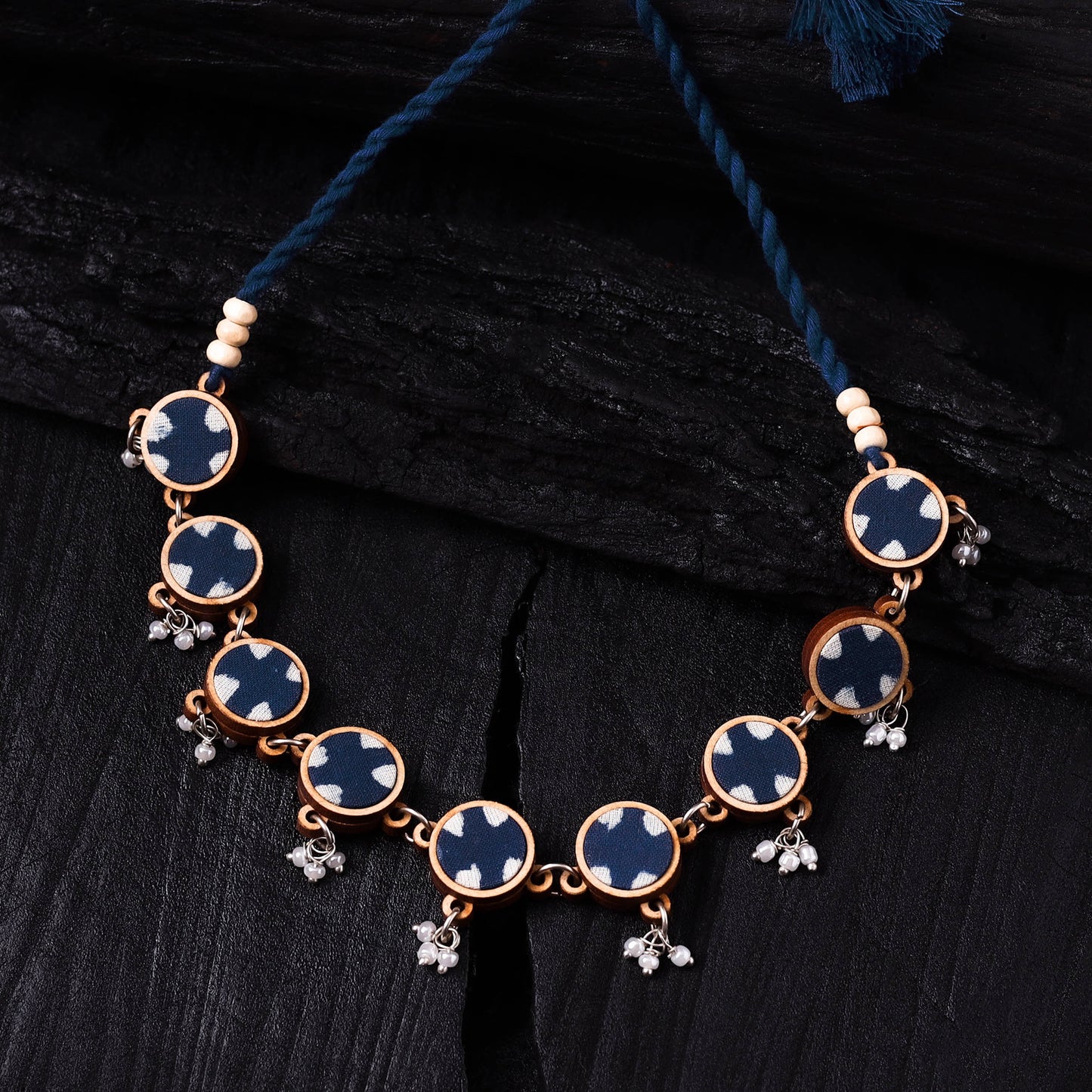 WHE Indigo Handmade Repurposed Fabric & Wood Choker Necklace 22