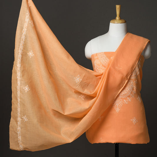 Orange - 3pc Lucknow Chikankari Hand Embroidery Cotton Suit Material Set 64