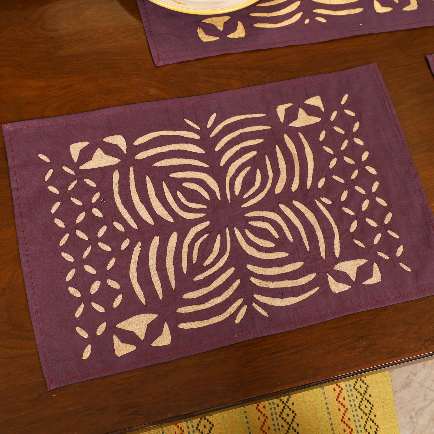 Brown - Barmer Applique Cutwork Dining Table Runner with Mat Set 23