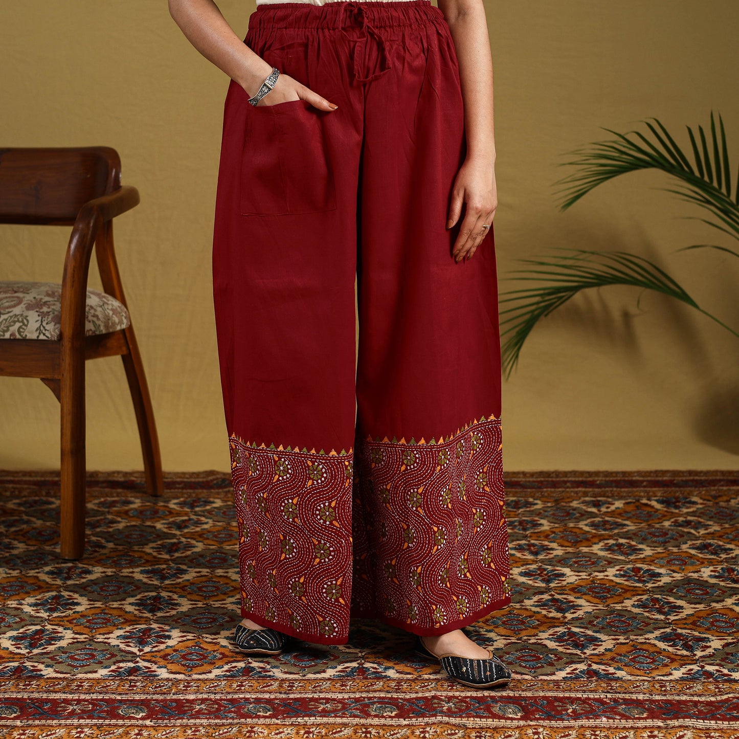 Buy Red Cotton Bengal Kantha Hand Embroidery Palazzo