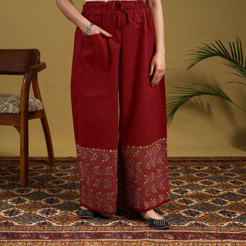 Buy Red Cotton Bengal Kantha Hand Embroidery Palazzo