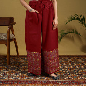Buy Red Cotton Bengal Kantha Hand Embroidery Palazzo