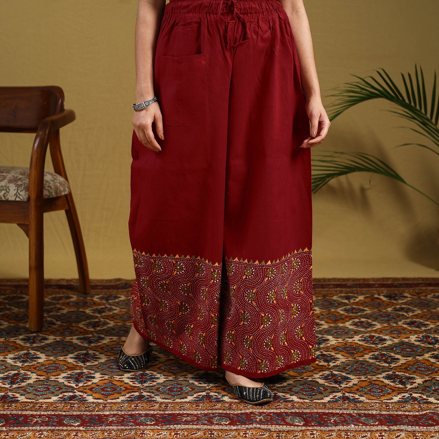 Buy Red Cotton Bengal Kantha Hand Embroidery Palazzo