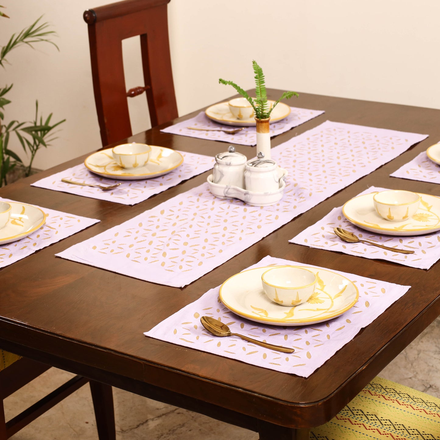 Purple - Barmer Applique Cutwork Dining Table Runner with Mat Set 24