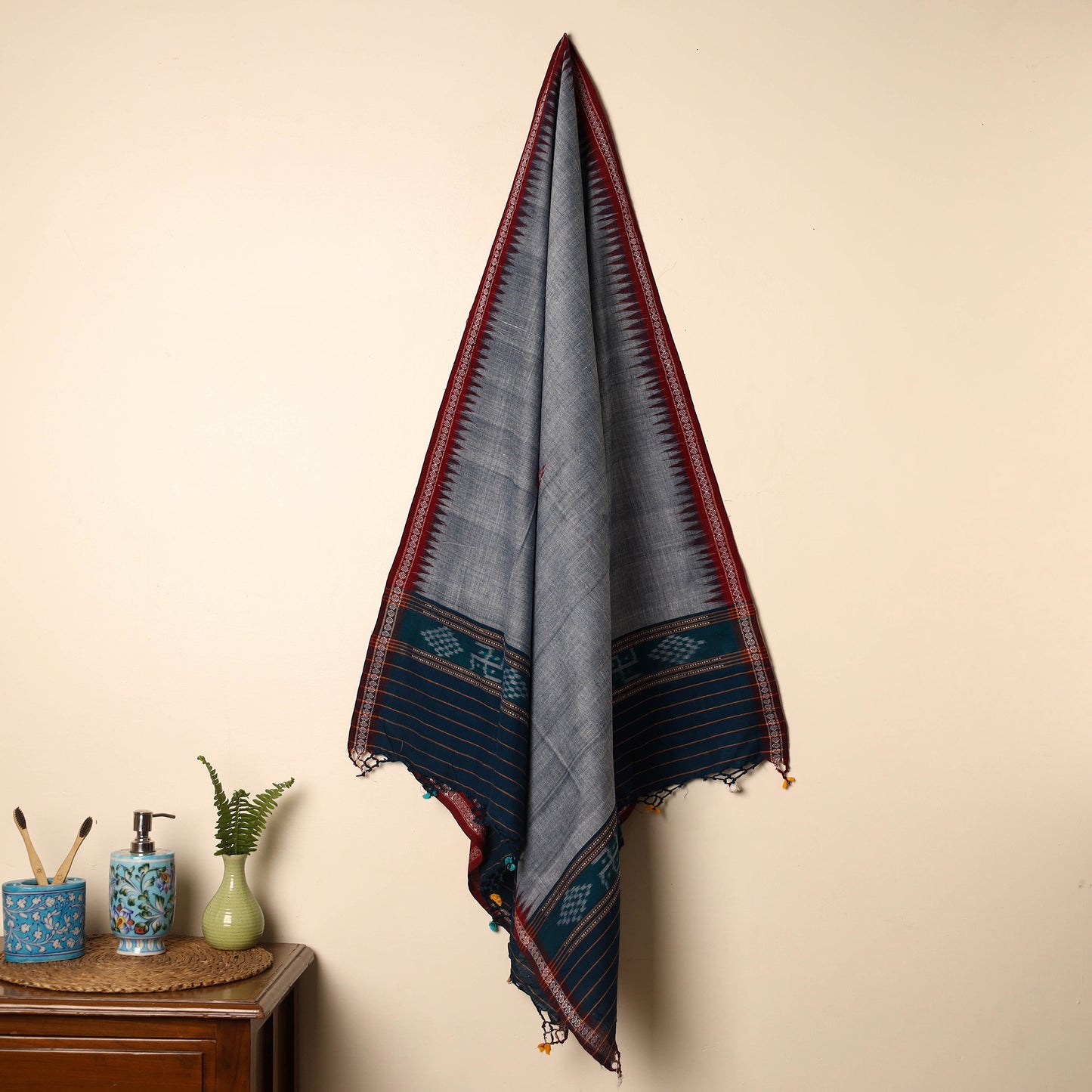 Grey - Sambalpuri Ikat Handloom Cotton Gamcha Towel With Tassels 05