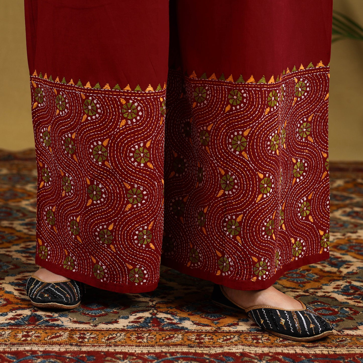 Buy Red Cotton Bengal Kantha Hand Embroidery Palazzo