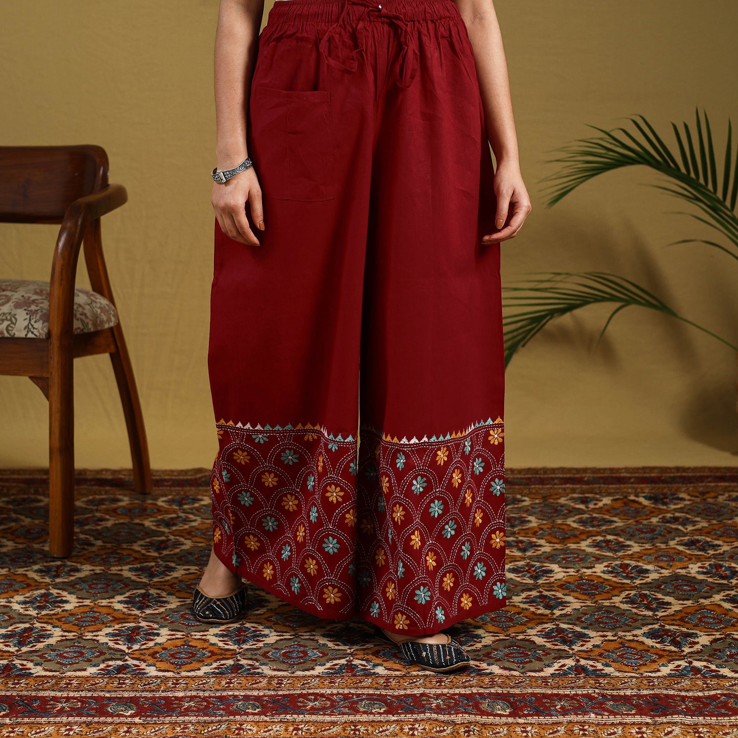  Red Cotton Bengal Kantha Hand Embroidery Palazzo