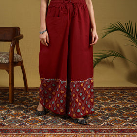  Red Cotton Bengal Kantha Hand Embroidery Palazzo