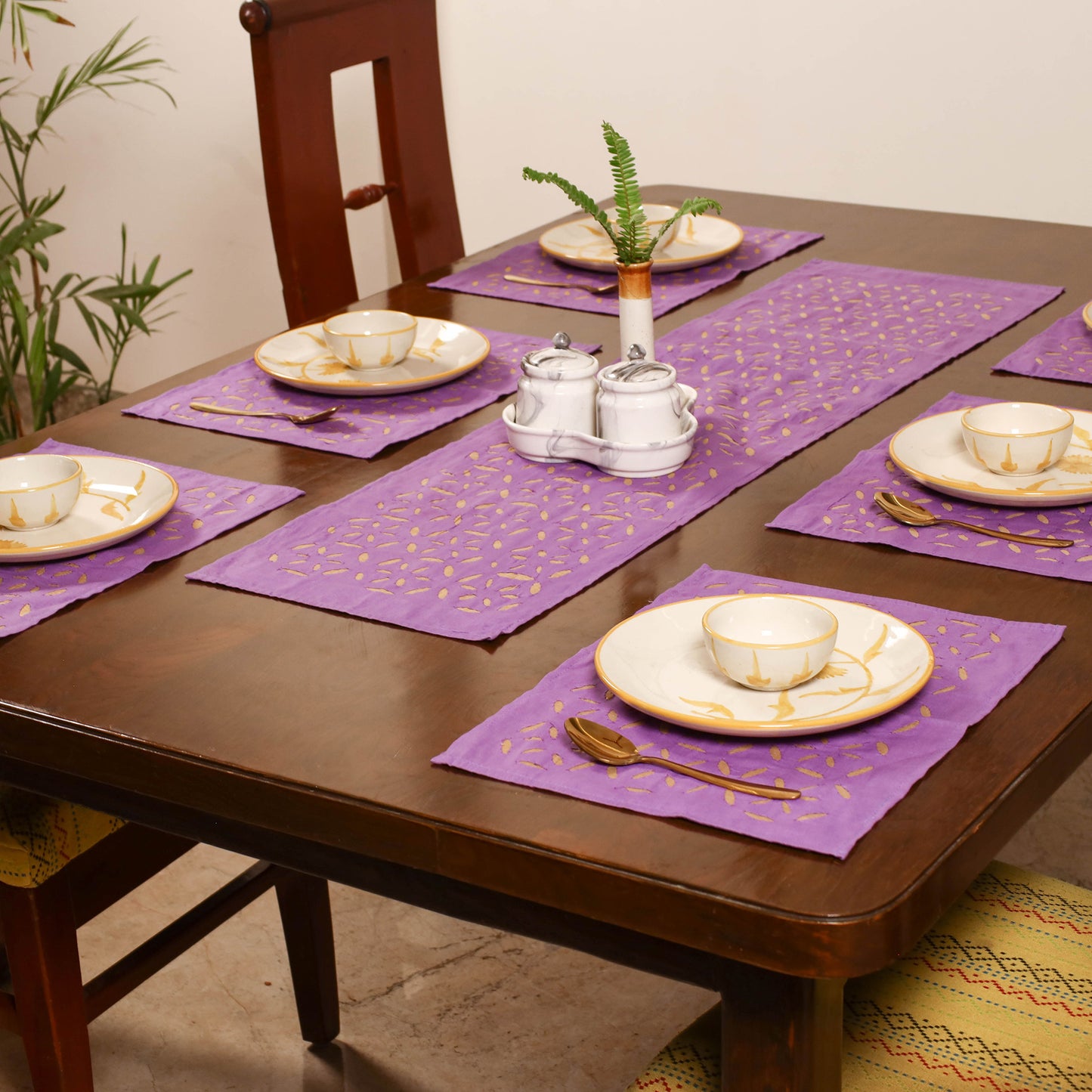 Purple - Barmer Applique Cutwork Dining Table Runner with Mat Set 25
