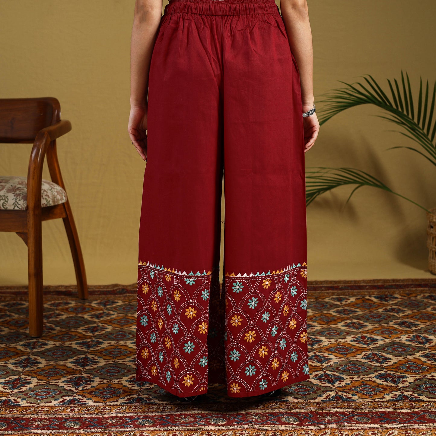  Red Cotton Bengal Kantha Hand Embroidery Palazzo