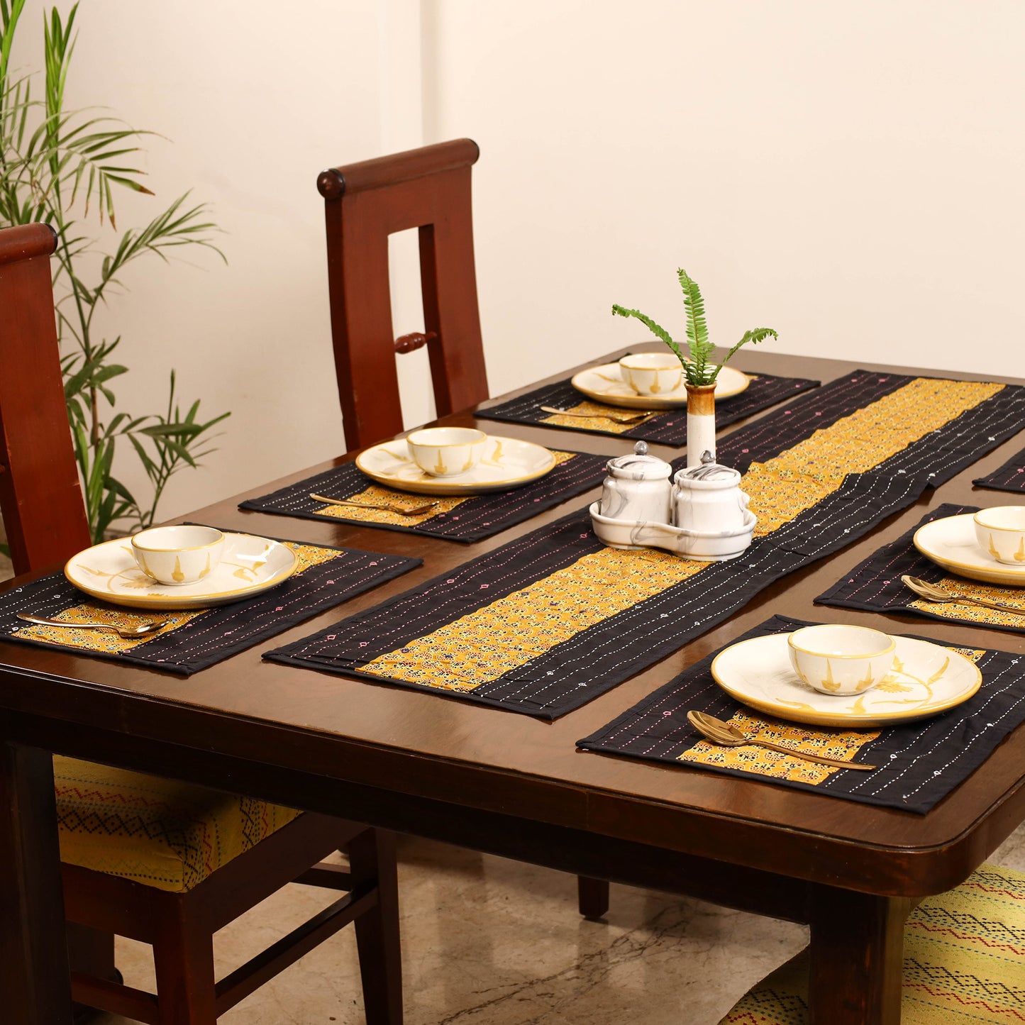 Tagai Work Ajrakh Block Print Cotton Dining Table Runner with Mat Set 26