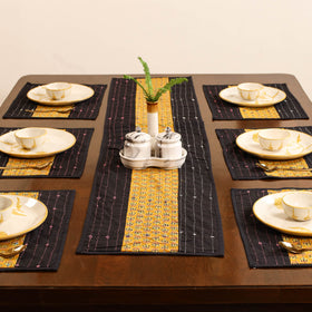 Tagai Work Ajrakh Block Print Cotton Dining Table Runner with Mat Set 26