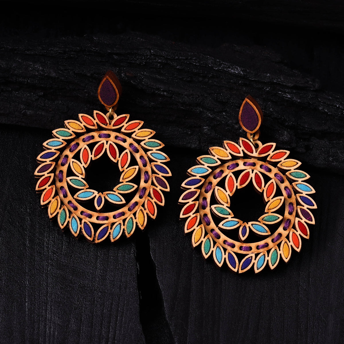 WHE Multicolor Handmade Repurposed Fabric & Wood Statement Earrings 14