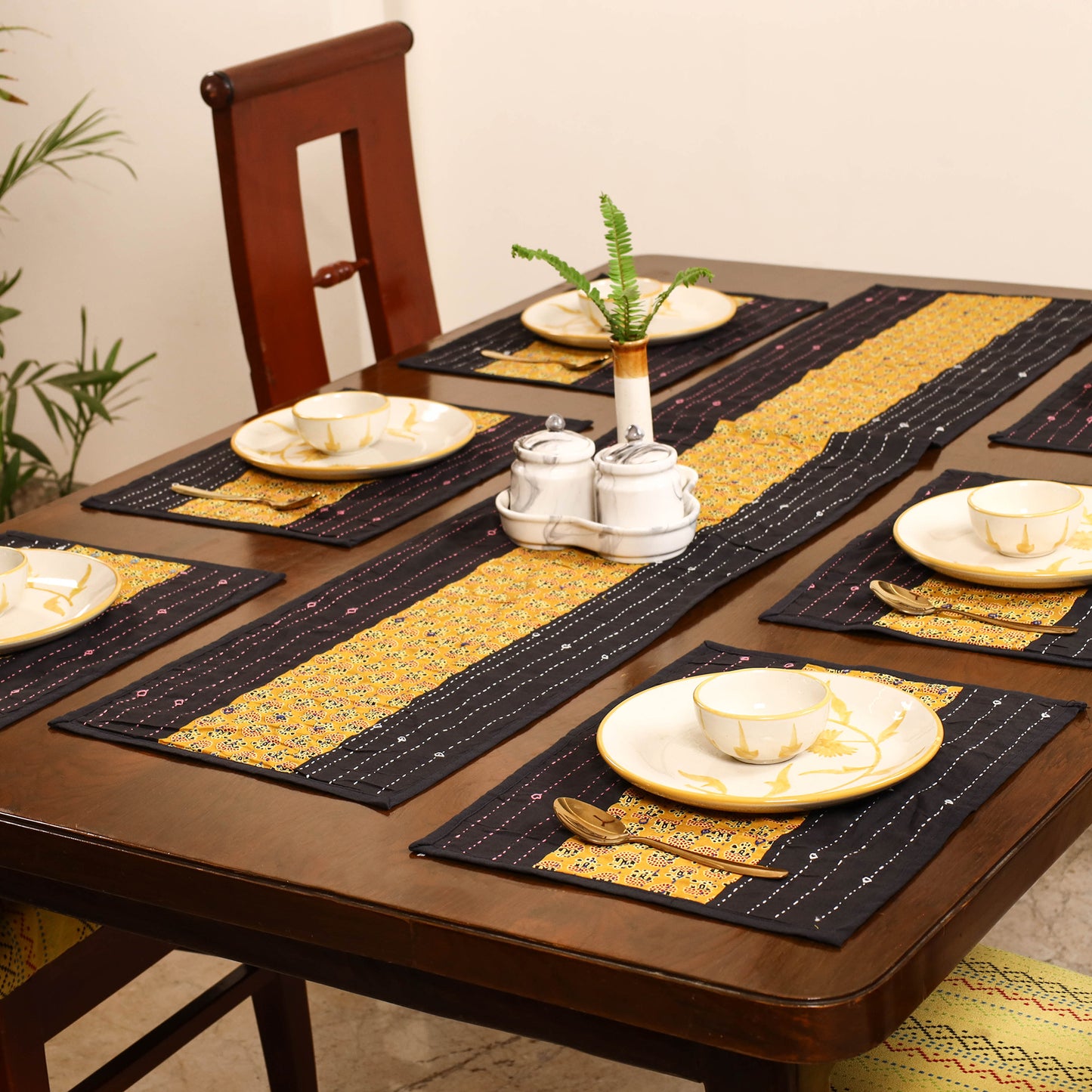 Tagai Work Ajrakh Block Print Cotton Dining Table Runner with Mat Set 26