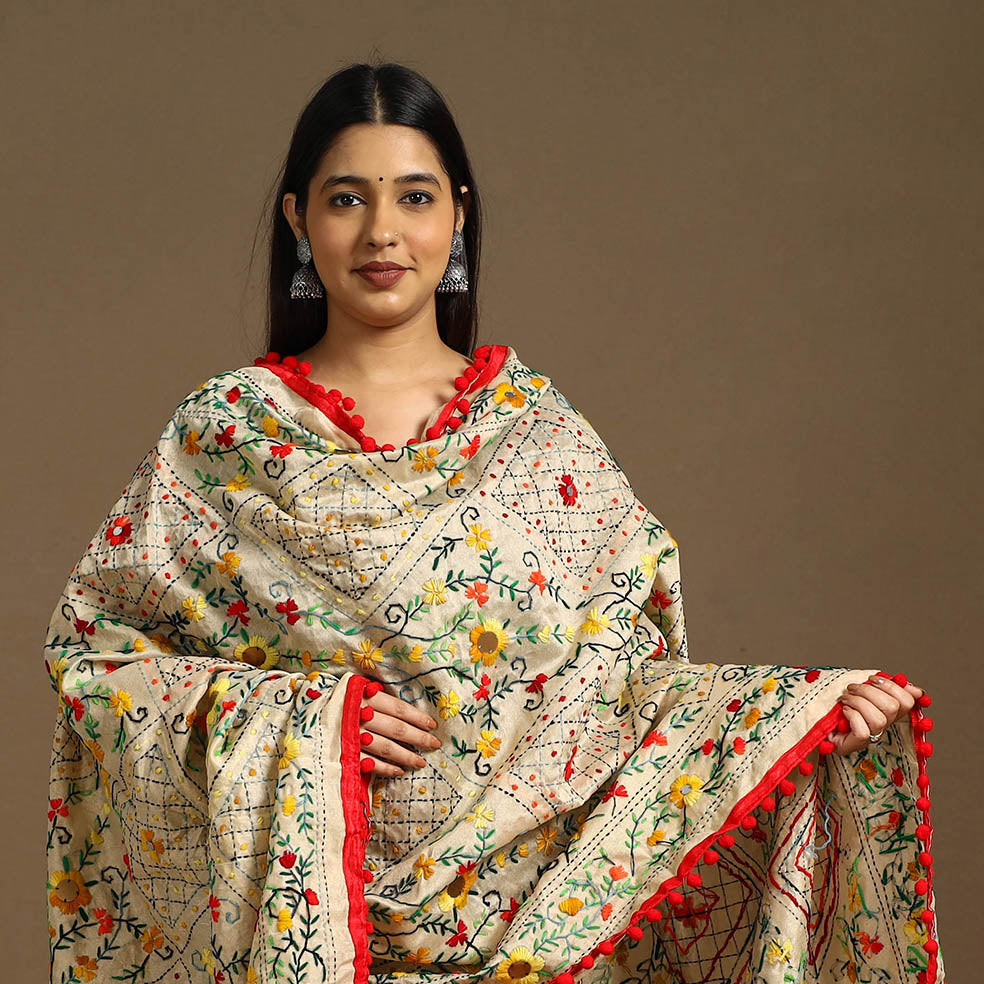Beige - Ranihati Madhubani Chapa Work Chanderi Silk Hand Embroidery Dupatta 157