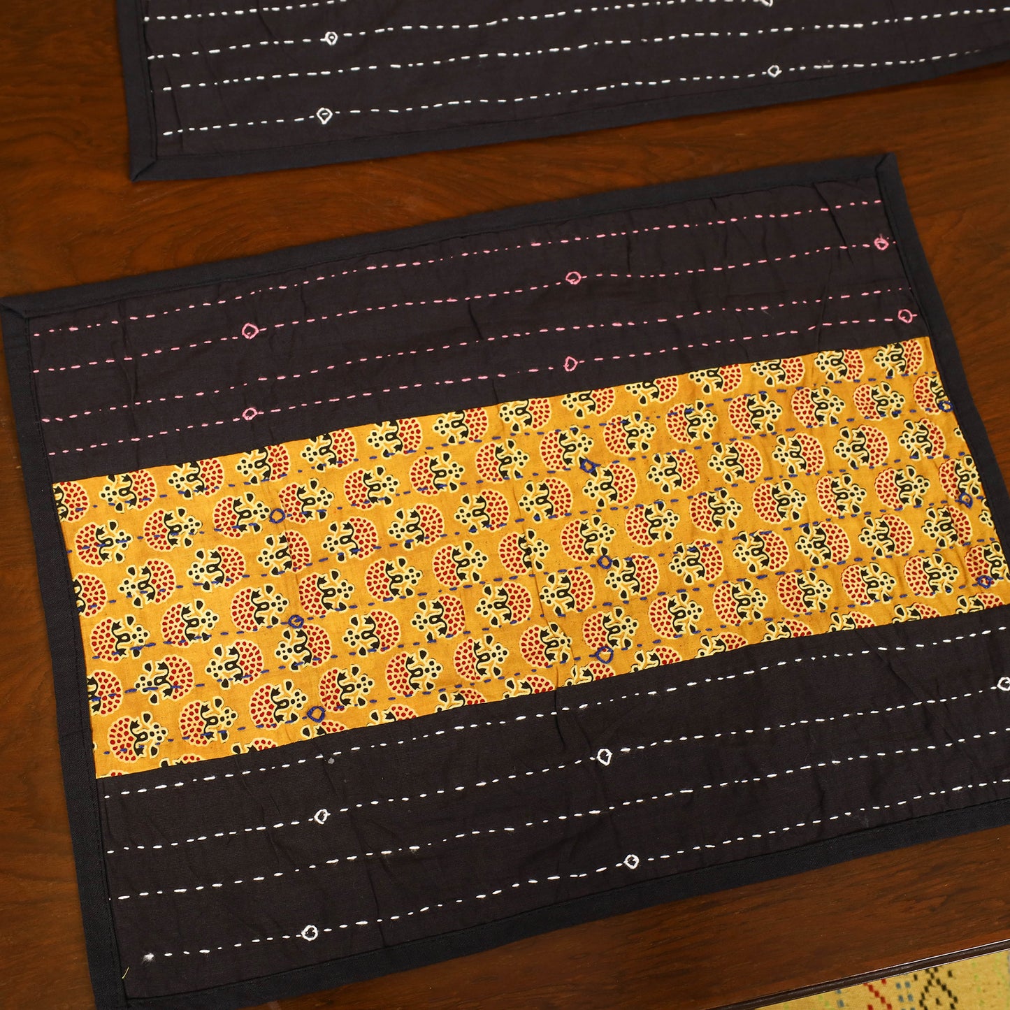 Tagai Work Ajrakh Block Print Cotton Dining Table Runner with Mat Set 26