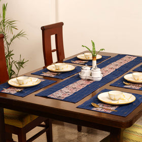 Blue - Tagai Work Ajrakh Block Print Cotton Dining Table Runner with Mat Set 27