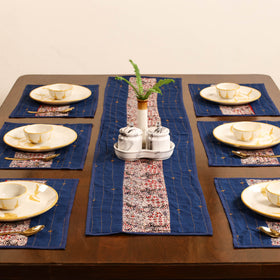 Blue - Tagai Work Ajrakh Block Print Cotton Dining Table Runner with Mat Set 27