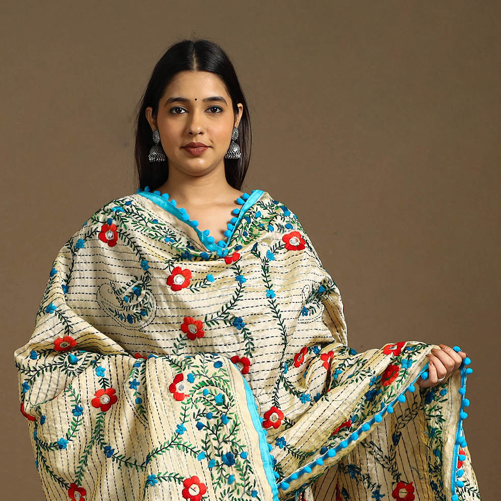  Beige Ranihati Chanderi Silk Hand Embroidery Dupatta