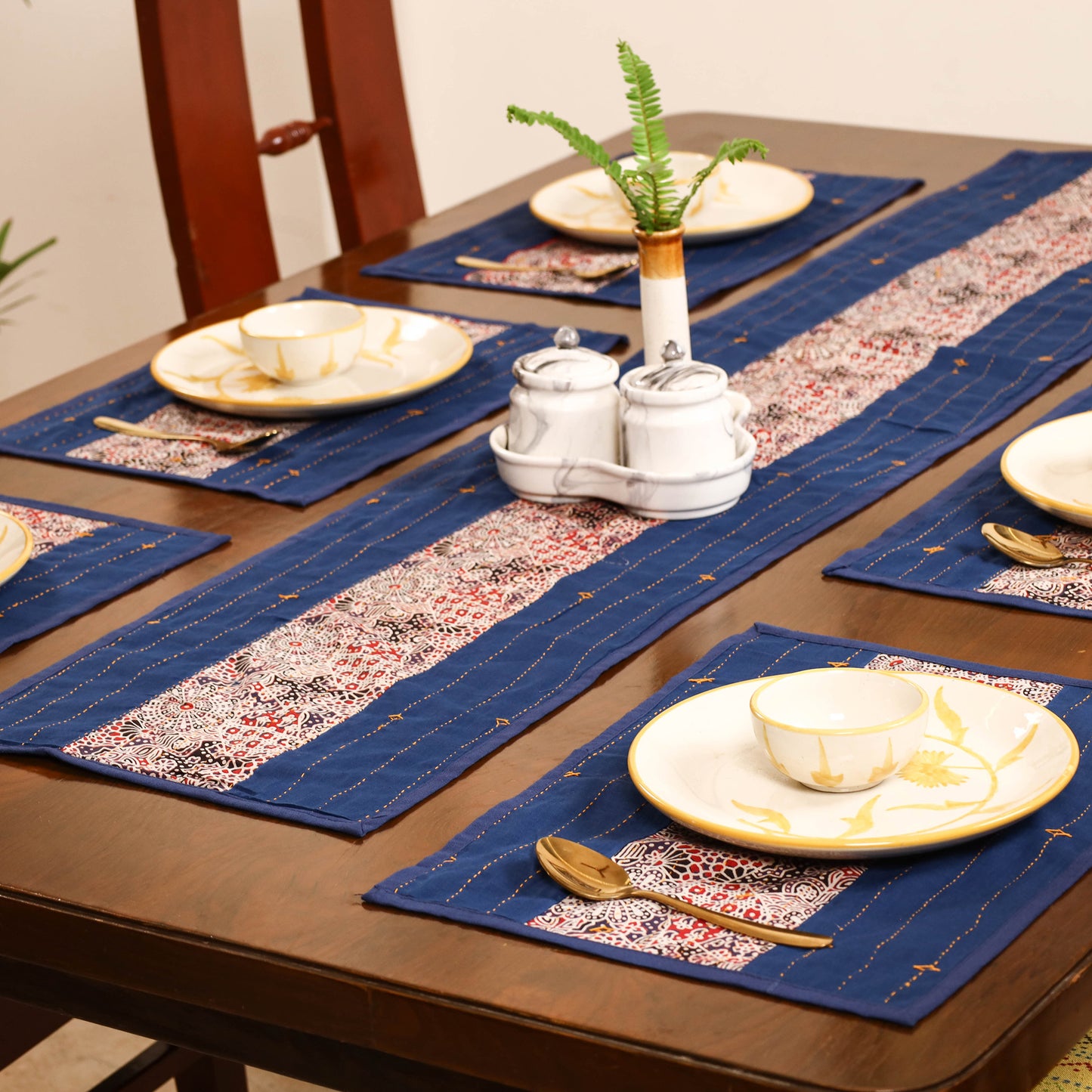 Blue - Tagai Work Ajrakh Block Print Cotton Dining Table Runner with Mat Set 27