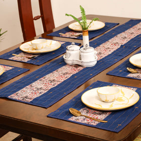Blue - Tagai Work Ajrakh Block Print Cotton Dining Table Runner with Mat Set 27