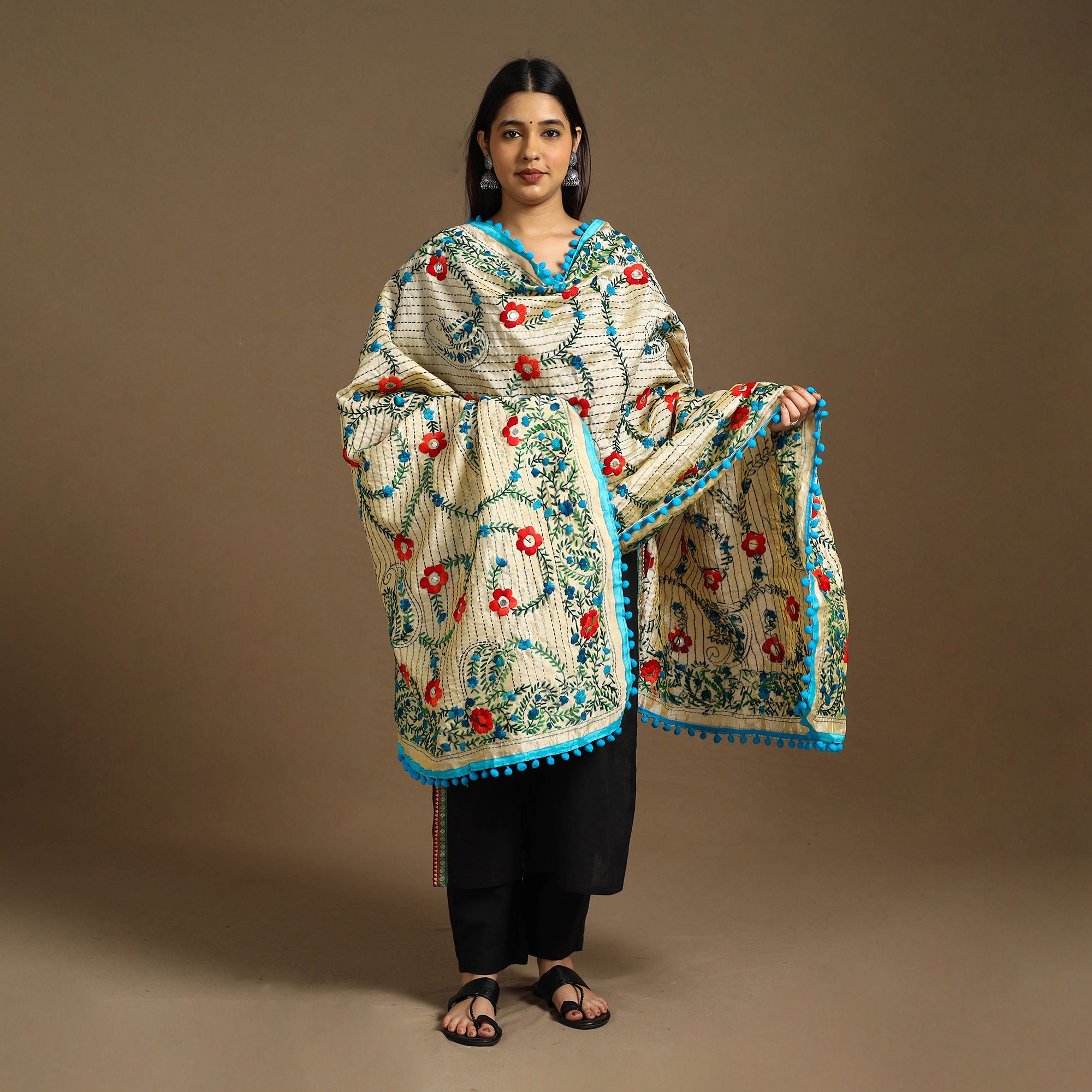  Beige Ranihati Chanderi Silk Hand Embroidery Dupatta