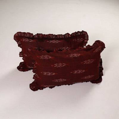 Maroon - Set of 2 Pochampally Ikat Cotton Frill Pillow Covers 35