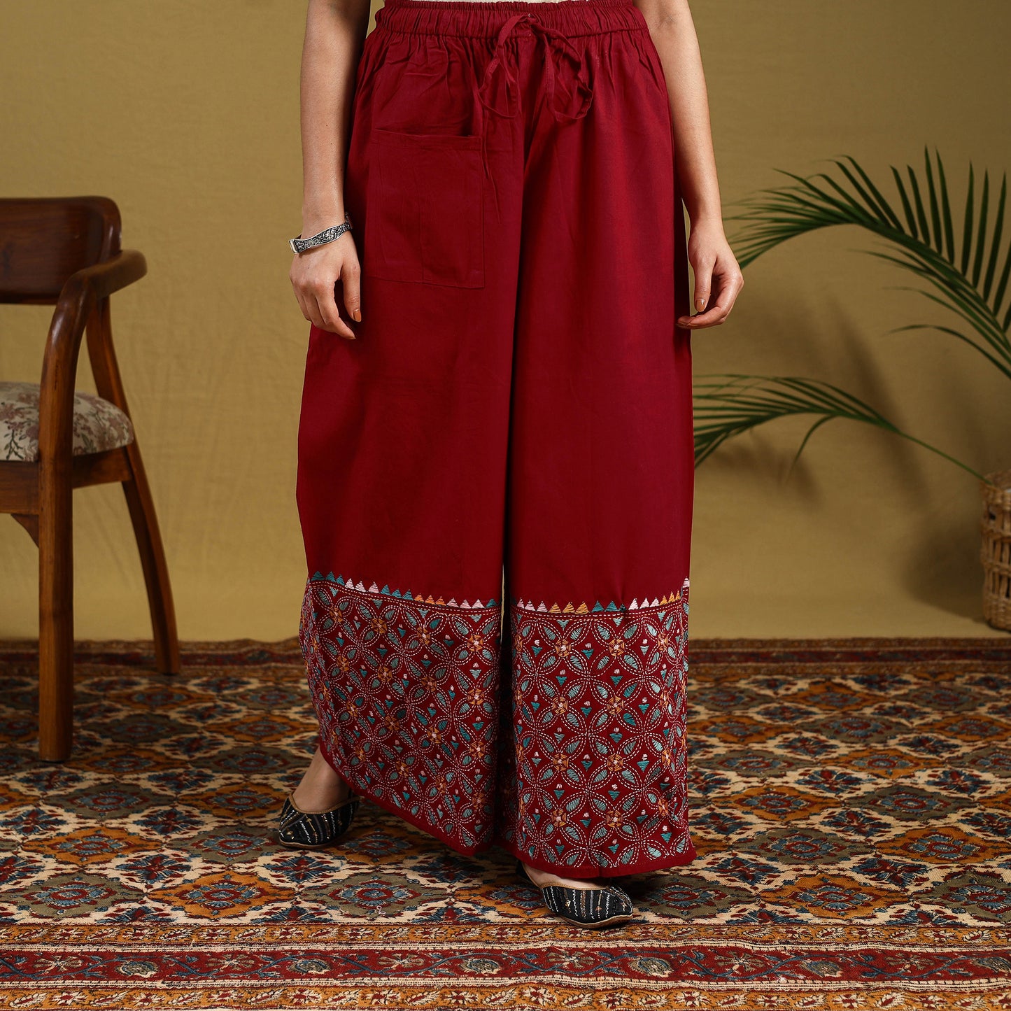 Buy Red Cotton Bengal Kantha Hand Embroidery Palazzo