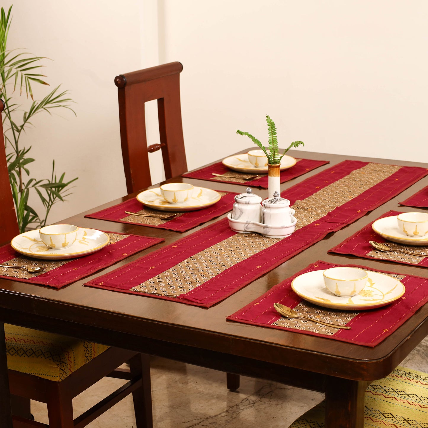 Tagai Work Ajrakh Block Print Cotton Dining Table Runner with Mat Set 28