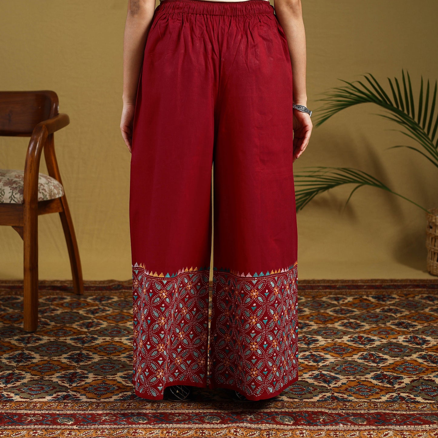 Buy Red Cotton Bengal Kantha Hand Embroidery Palazzo