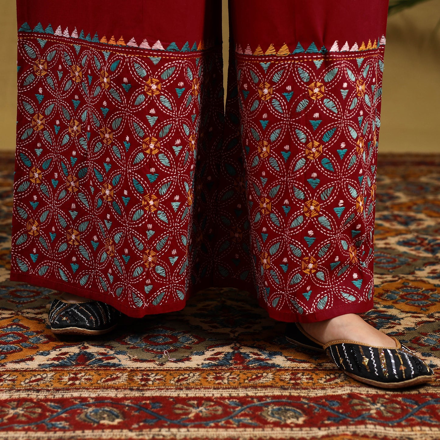 Buy Red Cotton Bengal Kantha Hand Embroidery Palazzo