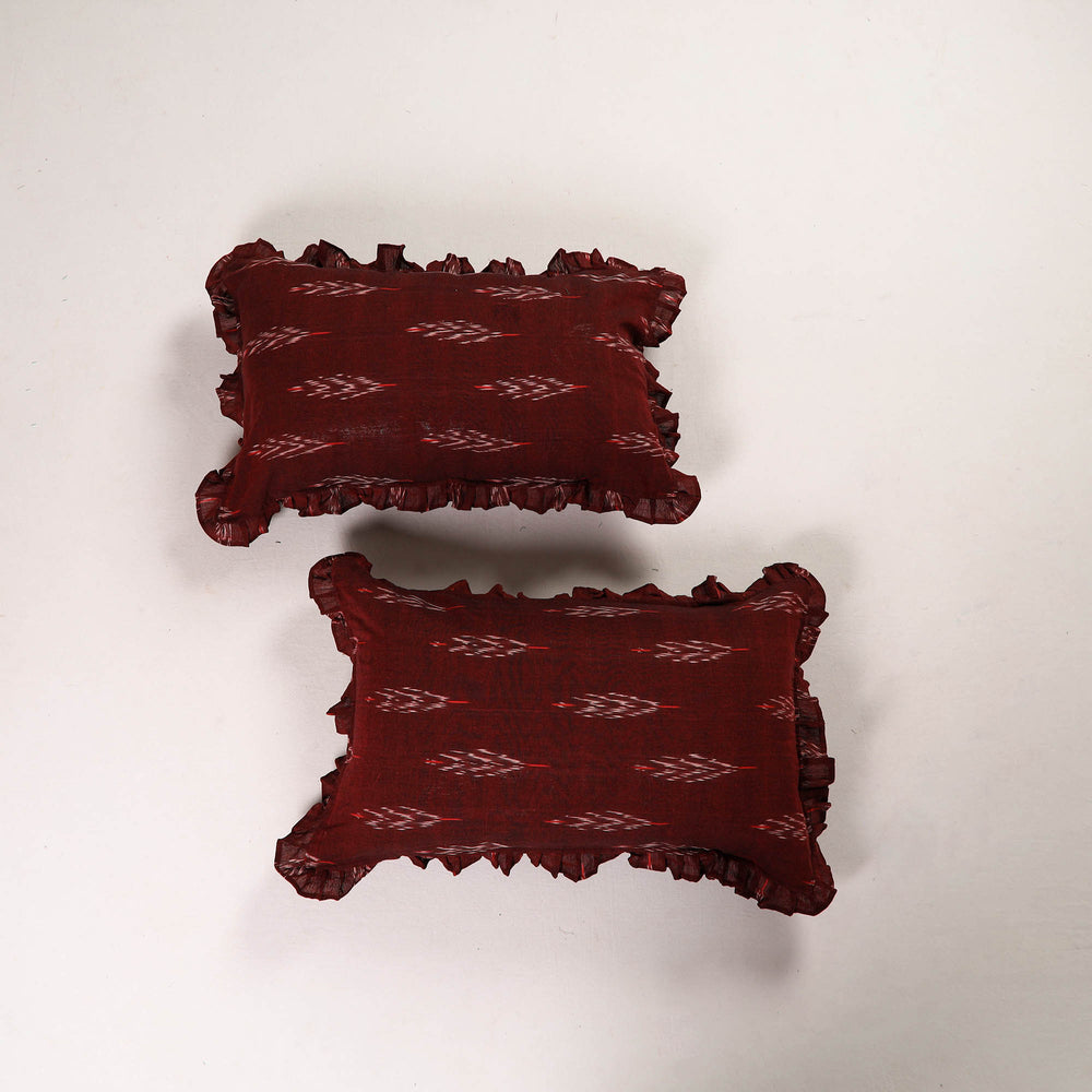 Maroon - Set of 2 Pochampally Ikat Cotton Frill Pillow Covers 35