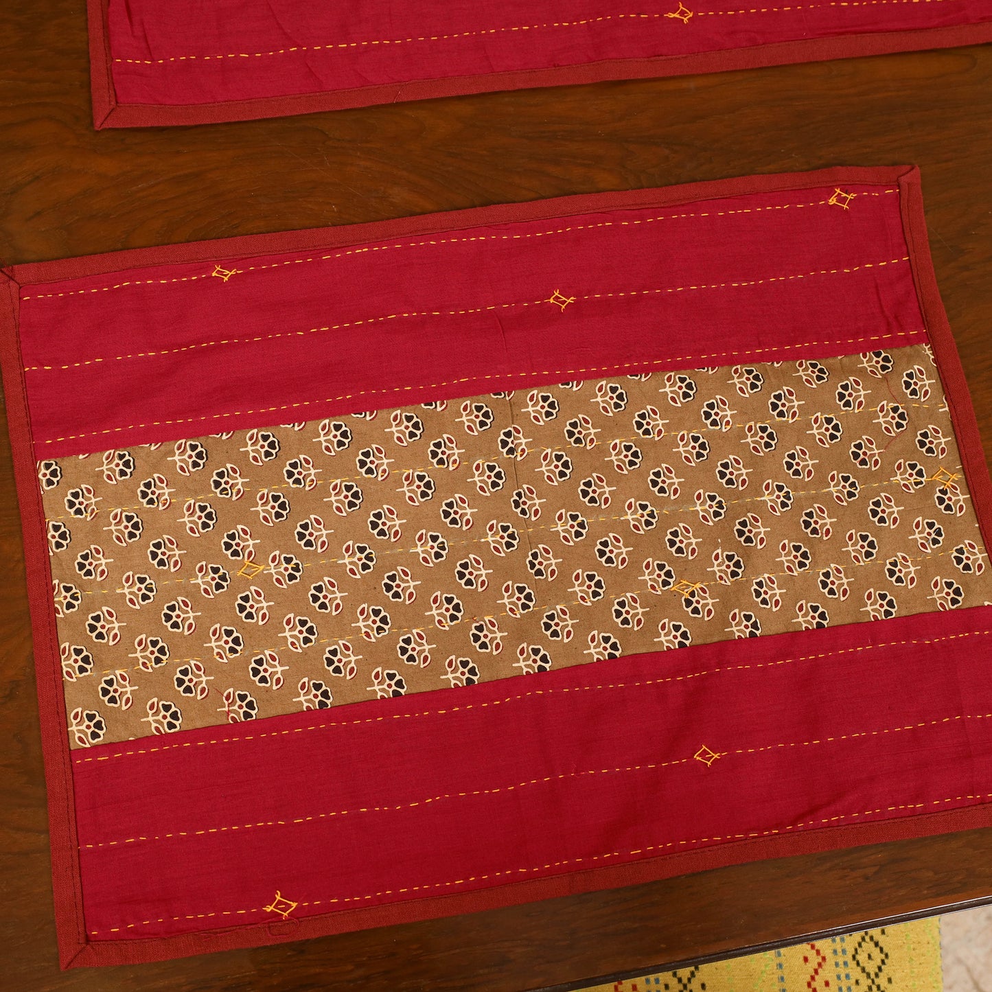 Tagai Work Ajrakh Block Print Cotton Dining Table Runner with Mat Set 28
