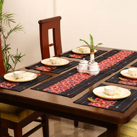 Brown - Tagai Work Ajrakh Block Print Cotton Dining Table Runner with Mat Set 29
