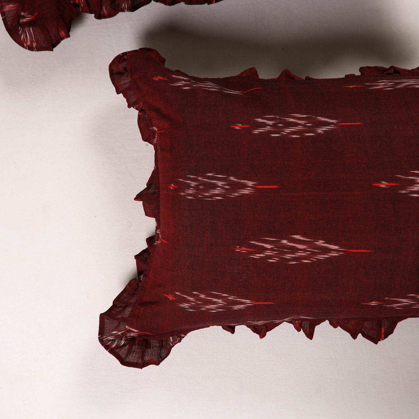 Maroon - Set of 2 Pochampally Ikat Cotton Frill Pillow Covers 35