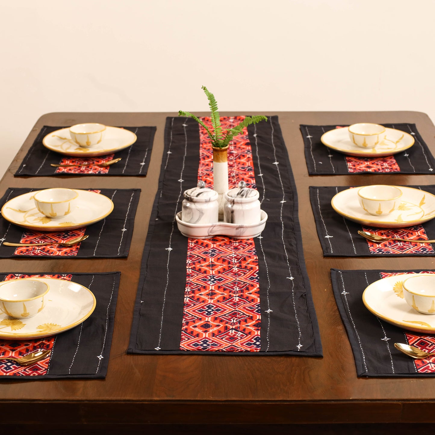 Brown - Tagai Work Ajrakh Block Print Cotton Dining Table Runner with Mat Set 29