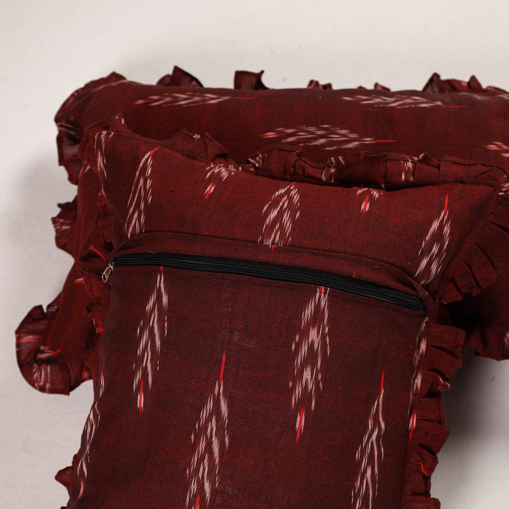 Maroon - Set of 2 Pochampally Ikat Cotton Frill Pillow Covers 35