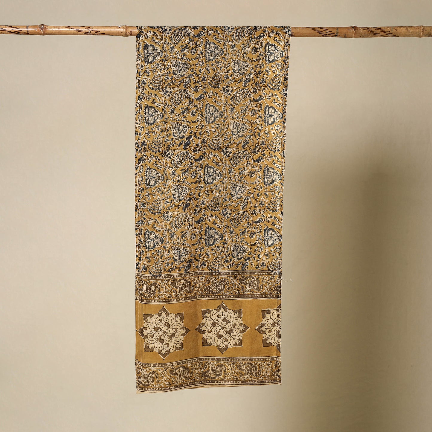 Yellow Pedana Block Print Natural Dyed Cotton Kalamkari Stole