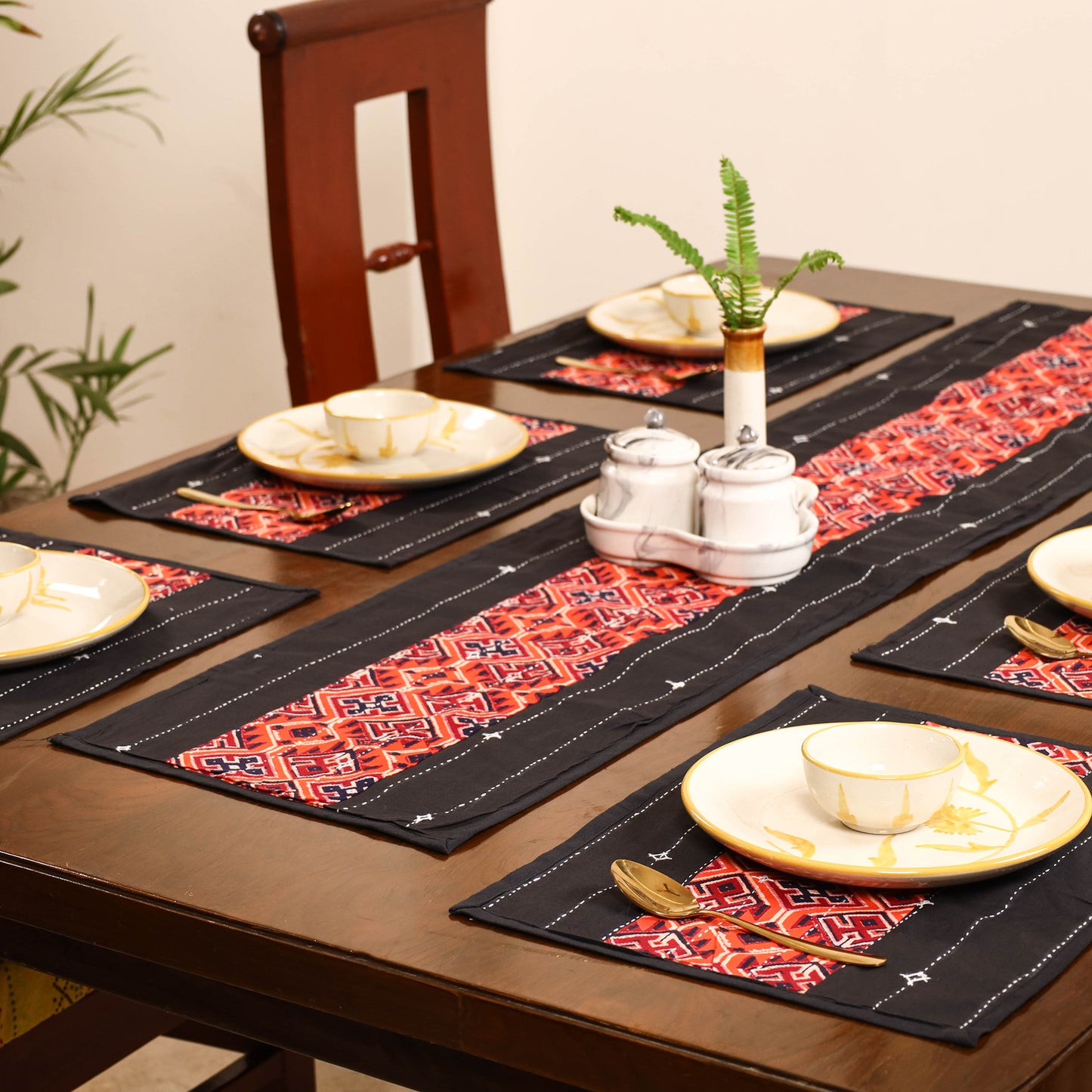 Brown - Tagai Work Ajrakh Block Print Cotton Dining Table Runner with Mat Set 29
