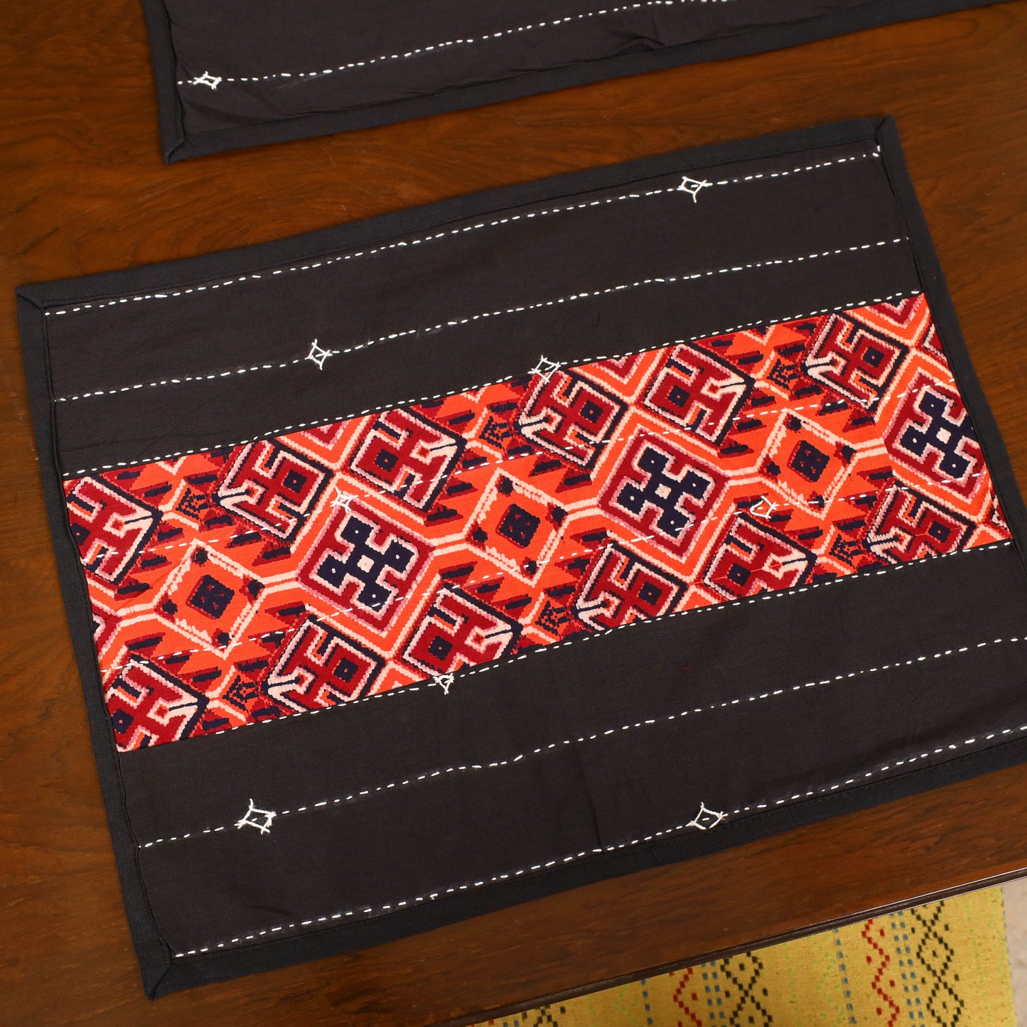 Brown - Tagai Work Ajrakh Block Print Cotton Dining Table Runner with Mat Set 29