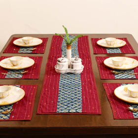 Red - Tagai Work Ajrakh Block Print Cotton Dining Table Runner with Mat Set 30