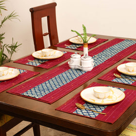 Red - Tagai Work Ajrakh Block Print Cotton Dining Table Runner with Mat Set 30
