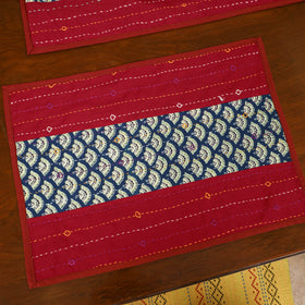 Red - Tagai Work Ajrakh Block Print Cotton Dining Table Runner with Mat Set 30