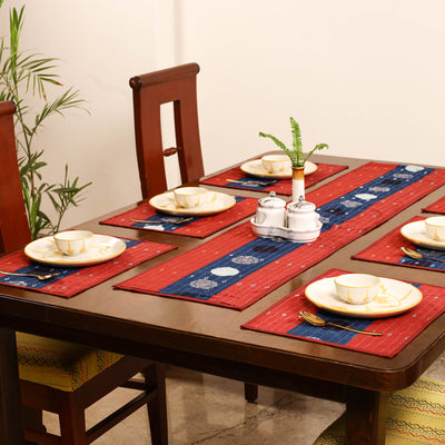 Red - Tagai Work Ajrakh Block Print Cotton Dining Table Runner with Mat Set 31