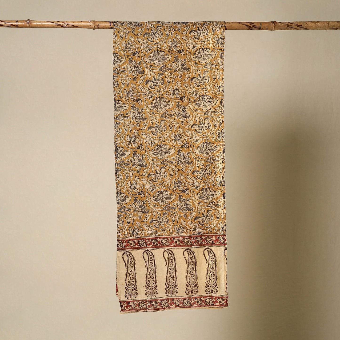 Yellow Pedana Block Print Natural Dyed Cotton Kalamkari Stole